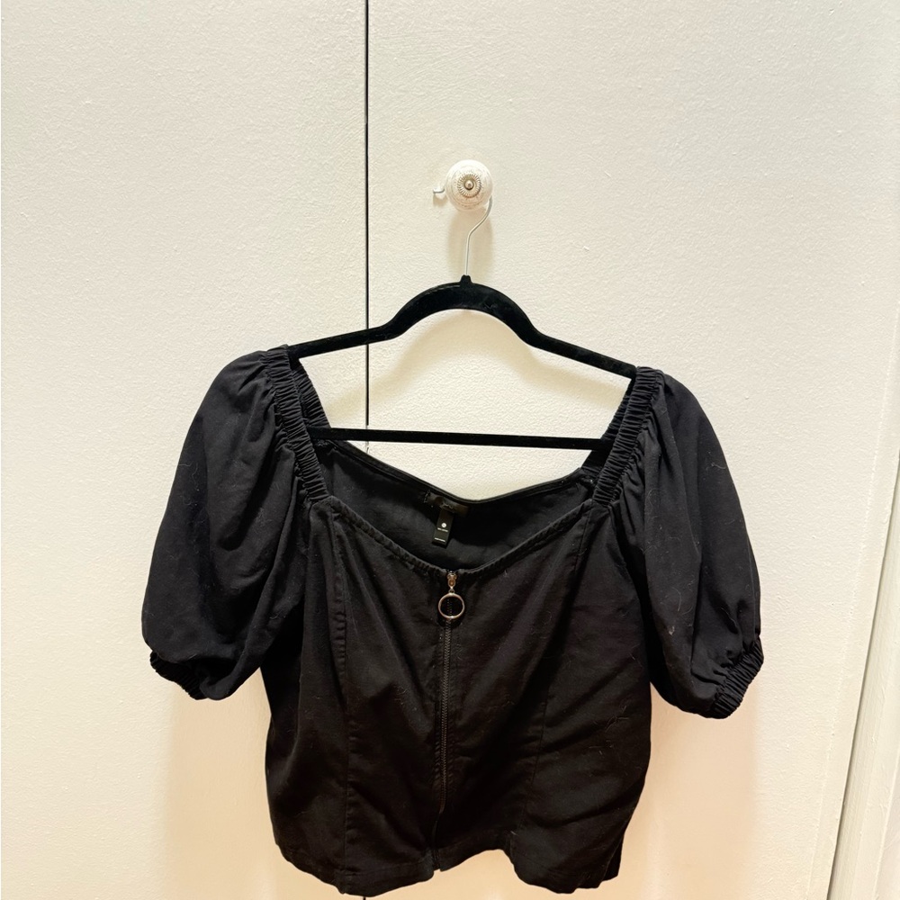 Black Puff Sleeve Top with Front zipper